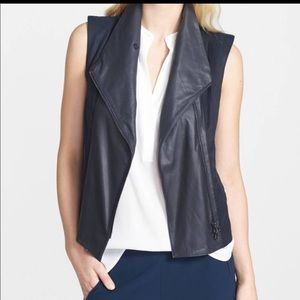 Vince Navy Leather Cotton Collared Vest with pockets Sz XS